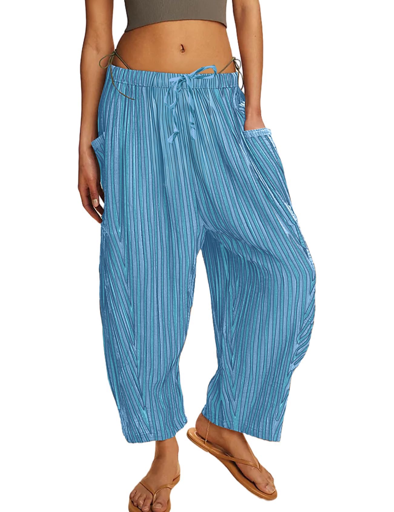 MISSACTIVER Gestreifte Haremshose für Damen, fließend, weites Bein, Kordelzug, Boho-Palazzo-Hose mit Taschen