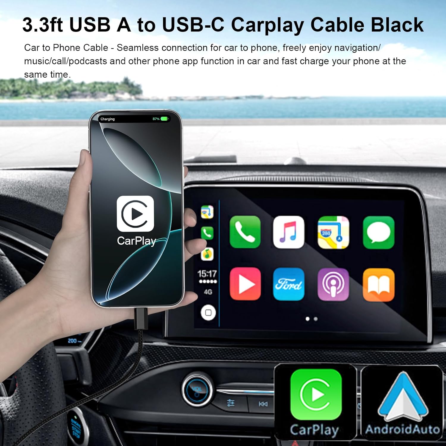 Sport USB Headphones + USB C Carplay Cable for iPhone 16/15 Samsung S25/S24/S23/S22/S21, Black