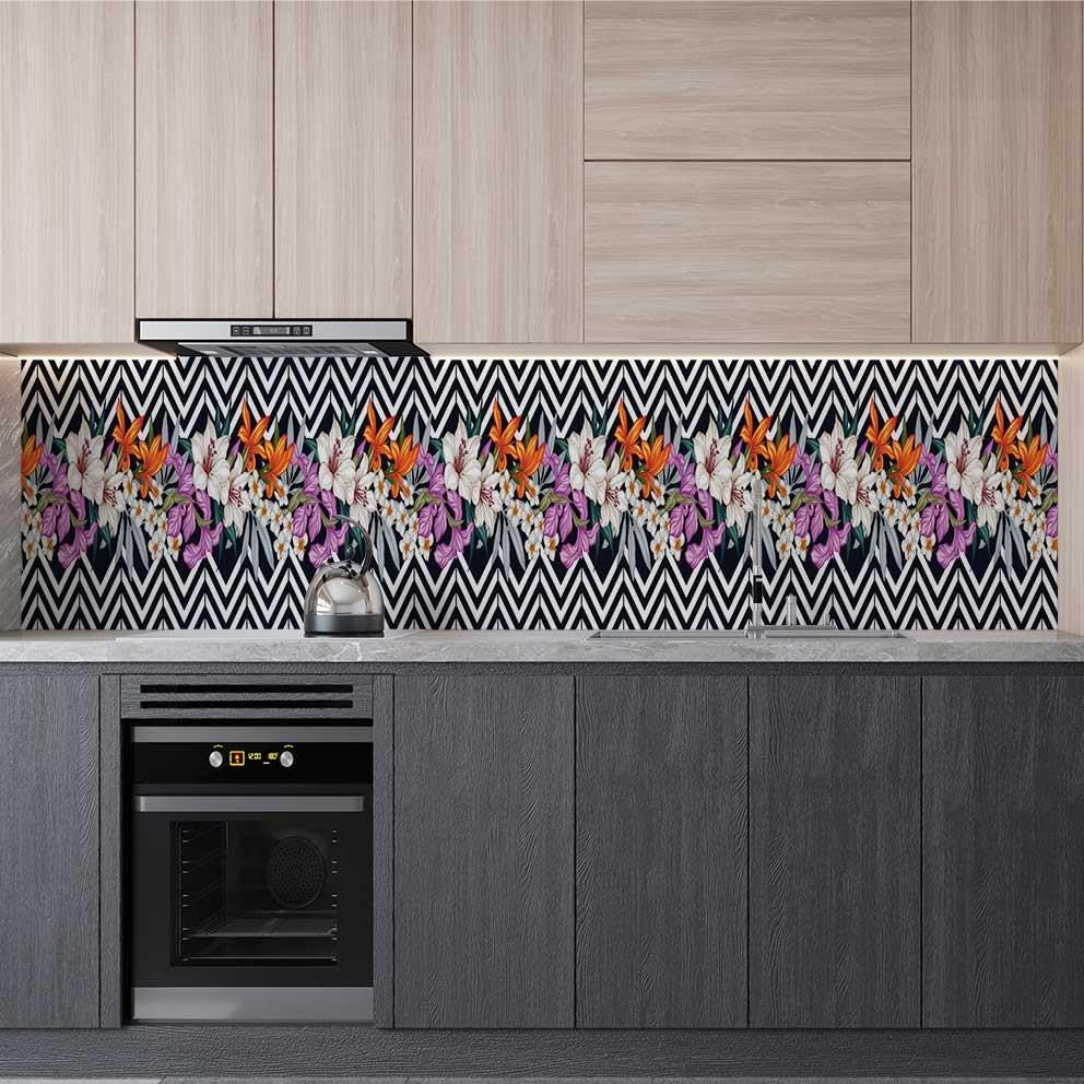Mutfak Tezgah Arası Folyo Fayans Kaplama Folyosu Çizim Çiçekler 60x200 CM