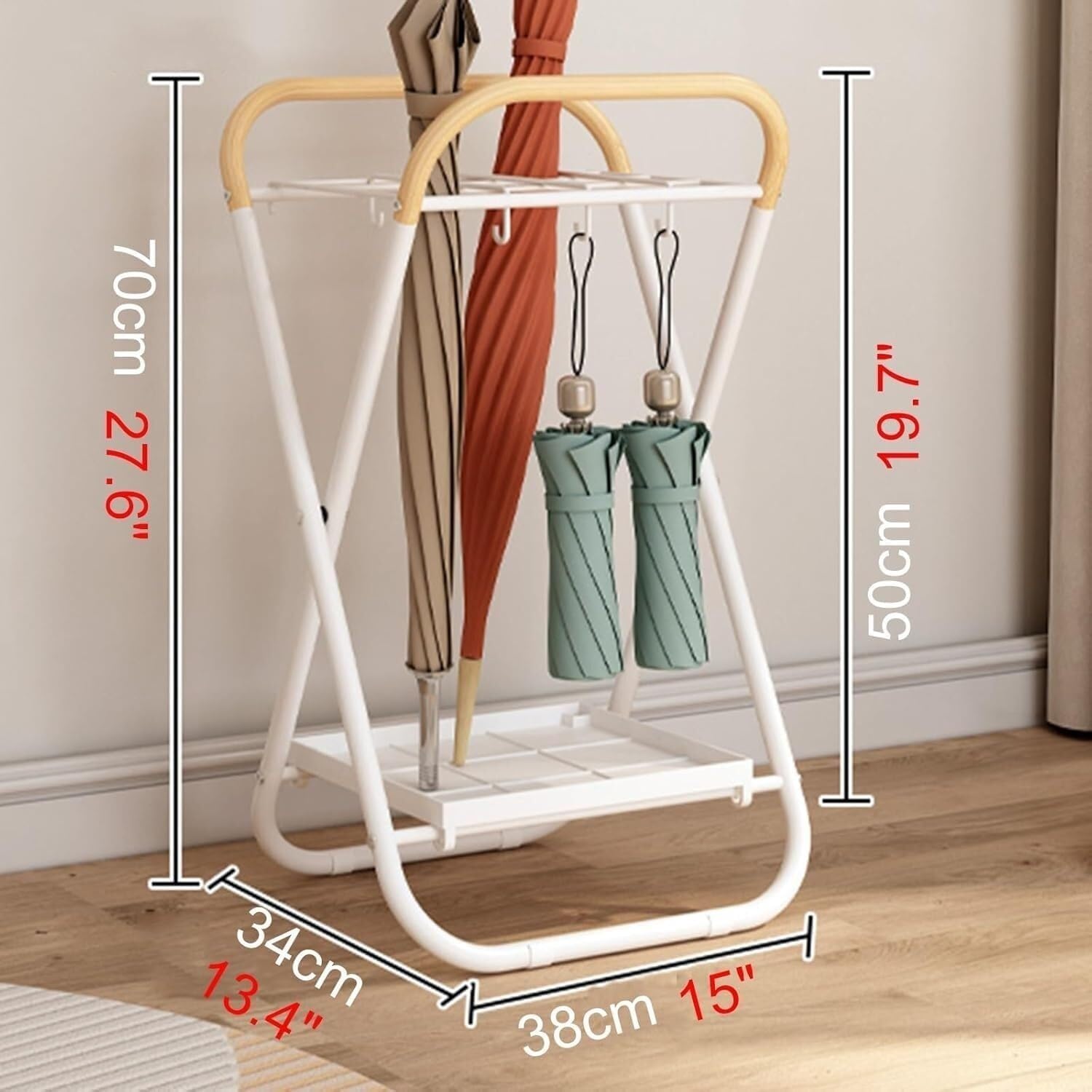 Foldable White Umbrella And Cane Holder – 12-Grid Metal Stand With Removable Tray And Hook For Entryway Storage