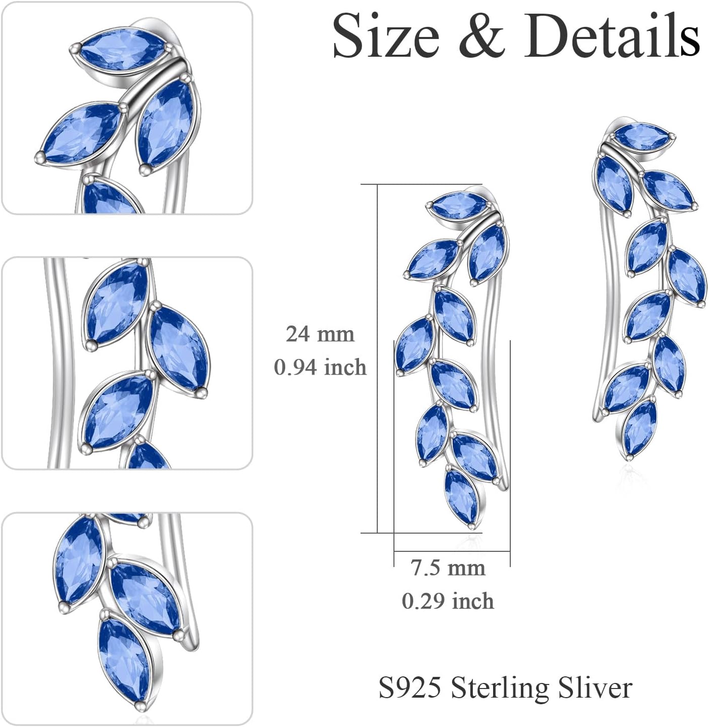 AOBOCO Leaf Ear Climbers Earrings Hypoallergenic 925 Sterling Silver Ear Crawler Cuff Earrings for Sensitive Ears, Made with Austrian Crystals - Image 4