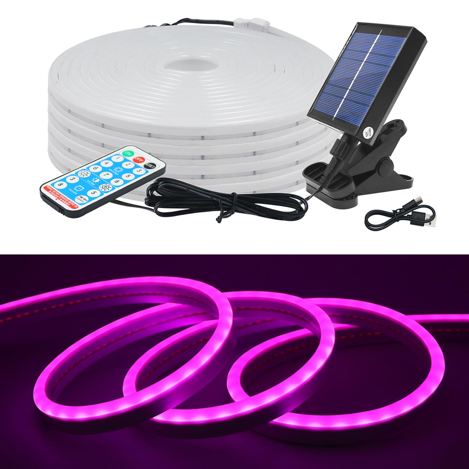 KISUFU 24V Solar LED Neon Strip Lights Outdoor, IP67 Waterproof 120 LEDs/m Dimmable 2835 Neon Light with 1.2W Clip Solar Controller for Yard Garden Decor. — image 1