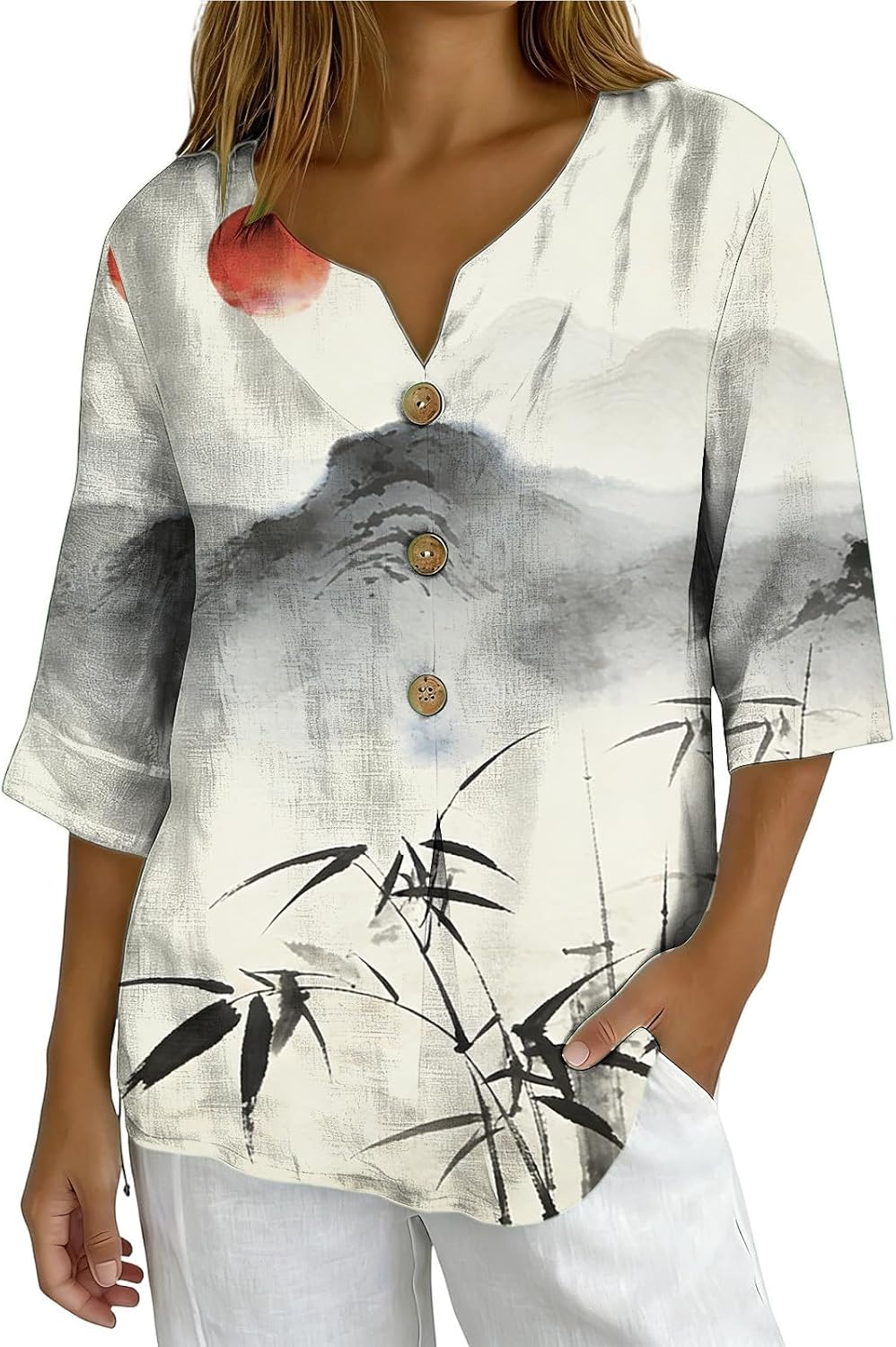Womens Printed Cotton Linen Shirt - Fashion 3/4 Sleeve V-Neck Top, Lightweight Button-Down Blouse for Summer Wear