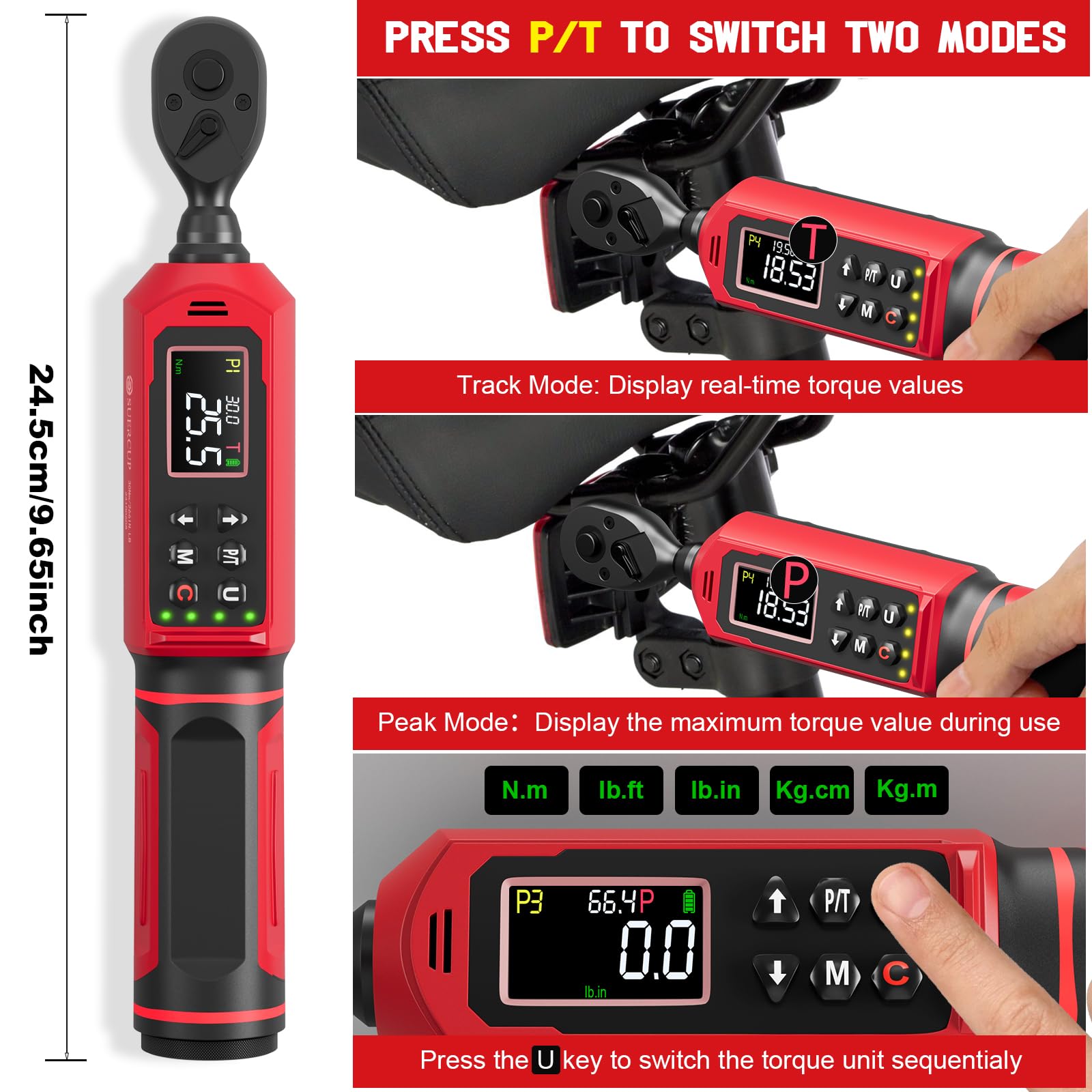 SUERCUP Llave dinamométrica digital de 3/8 pulgadas, 0,9-60 N.m, con vibración, zumbador, notificación LED y cinco unidades de medida, para bicicleta, bricolaje