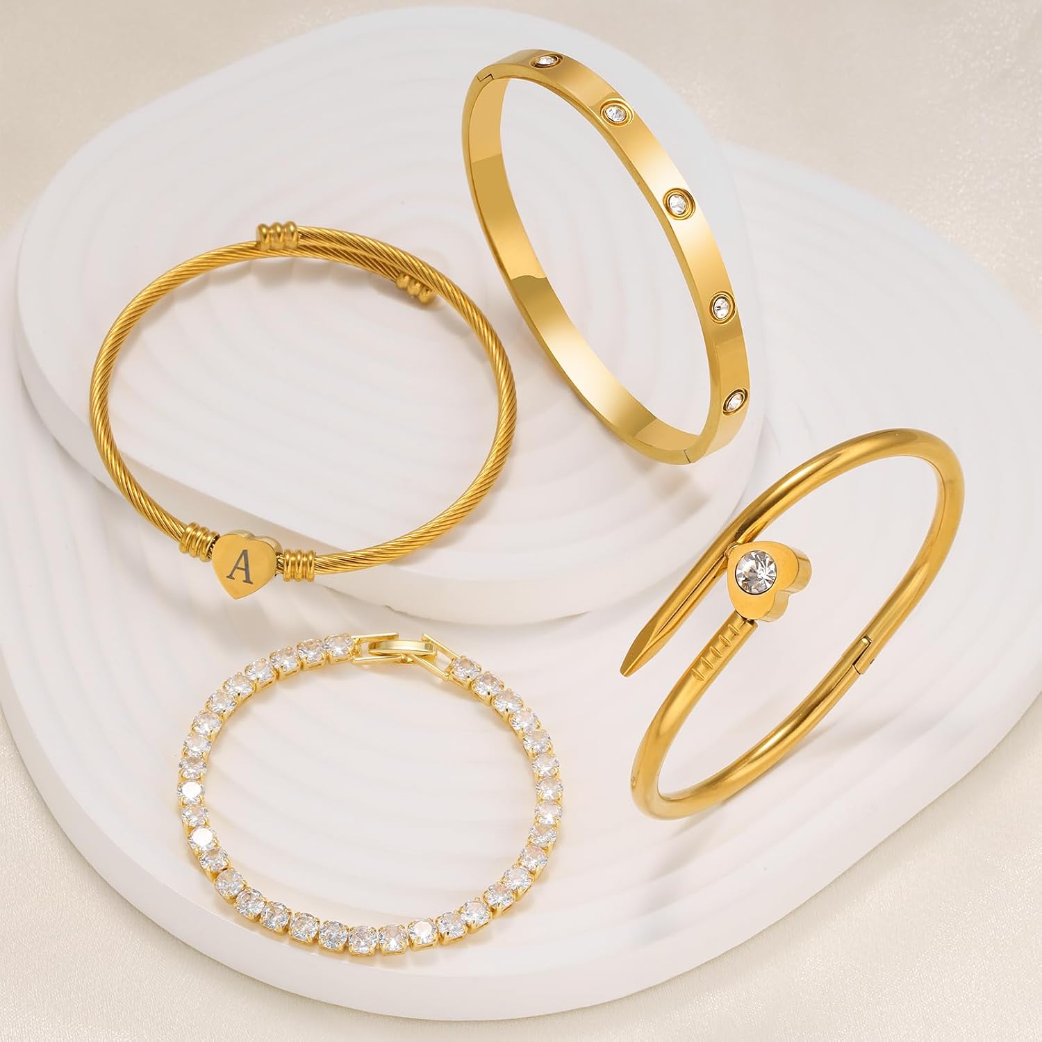 MEIERYA18K Gold Plated Nail love Bangle Bracelet Set for Women,Cubic Zirconia,Adjustable tennis bracelet Trendy Gift Jewelry for Mother's Day Anniversary