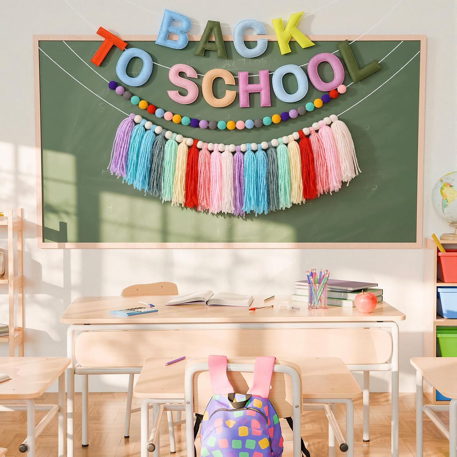 HunnmingRe 3 Pcs Rainbow Pom Pom Garland Back to School Decor, Felt Yarn Hanging Set with Tassel String, Felt Pom-pom String and Back to School Banner for Classroom Party Decoration(Pastel)