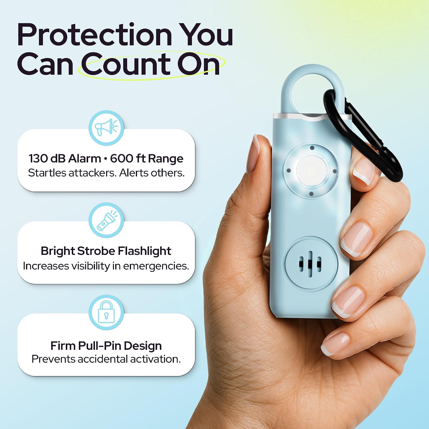 Rechargeable Personal Safety Alarm Keychain, 130dB, USB-C Charging, Blue image 2