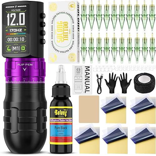 Tattoo Gun, 2300mah Tattoo Kit with 7 Adjustable Voltage & 2 Working Modes, 30ml Black Tattoo Ink, 20 Tattoo Needles & Transfer Paper, Tattoo Kit For Beginners Complete Set EF-TKE754A-4