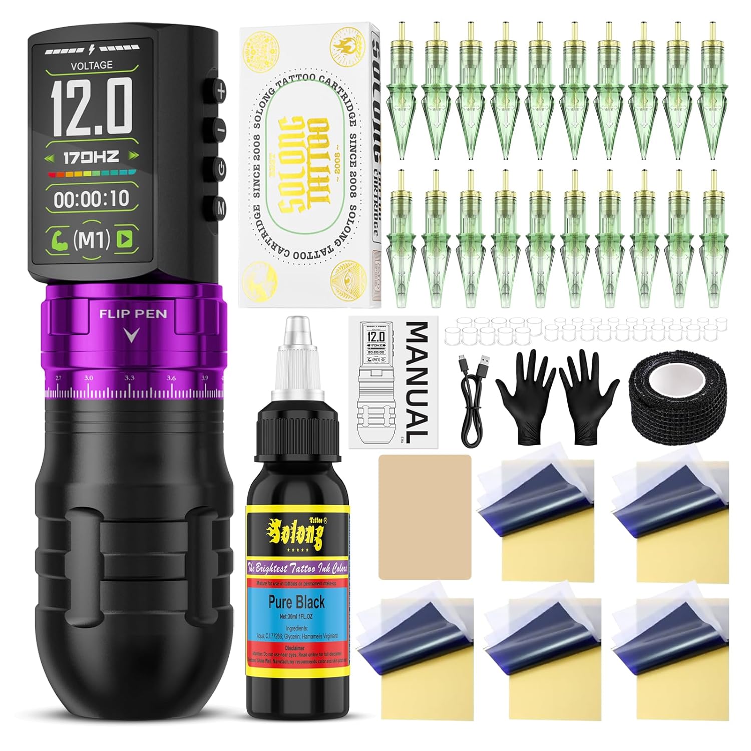 Tattoo Pen Kit, 2300mAh Wireless Tattoo Machine with 7 Adjustable Voltage & 2 Working Modes, 20 Needles & Transfer Paper, Professional Tattoo EF-TKE754A-4