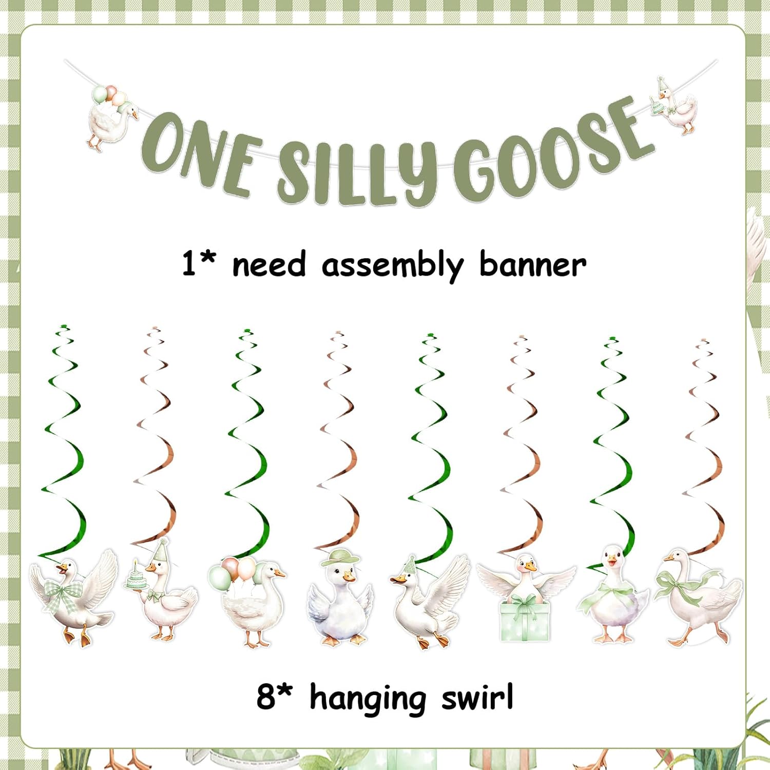 One Silly Goose Banner Hanging Swirls Green Bow Silly Goose First Birthday Decorations Farm Animal Banner for Boys Girls 1st Birthday Party Supplies