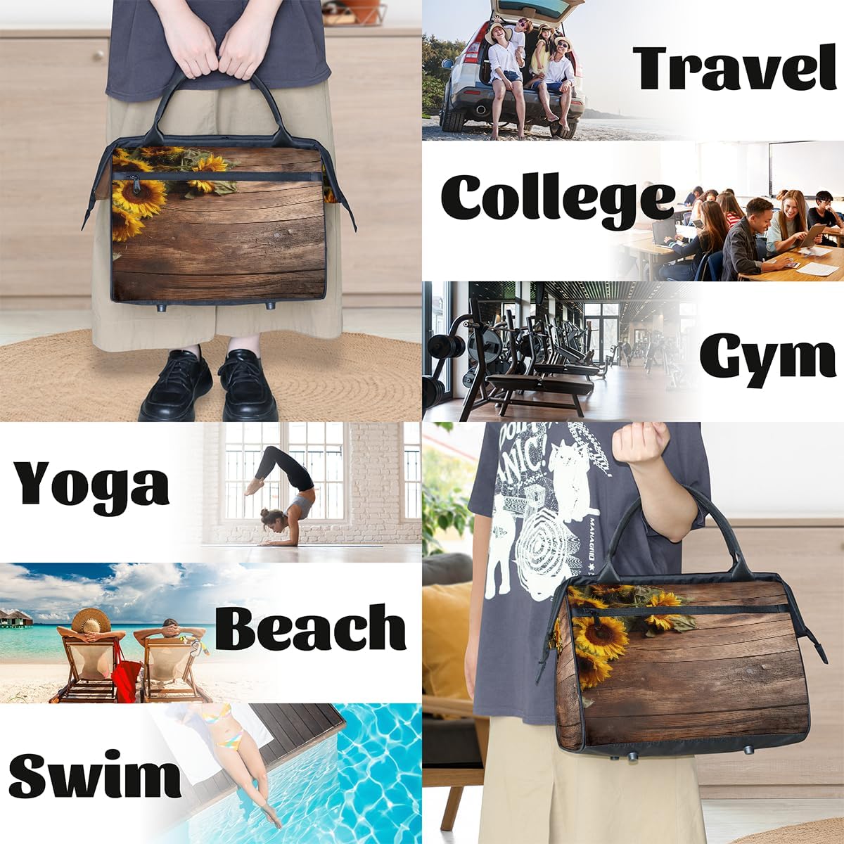 Travel Gym Bag - Plank Wooden Boards Large Capacity Tote for Men Women - Shoulder Weekender Bag for Travel Yoga School - Mommy Hospital for Labor Delivery