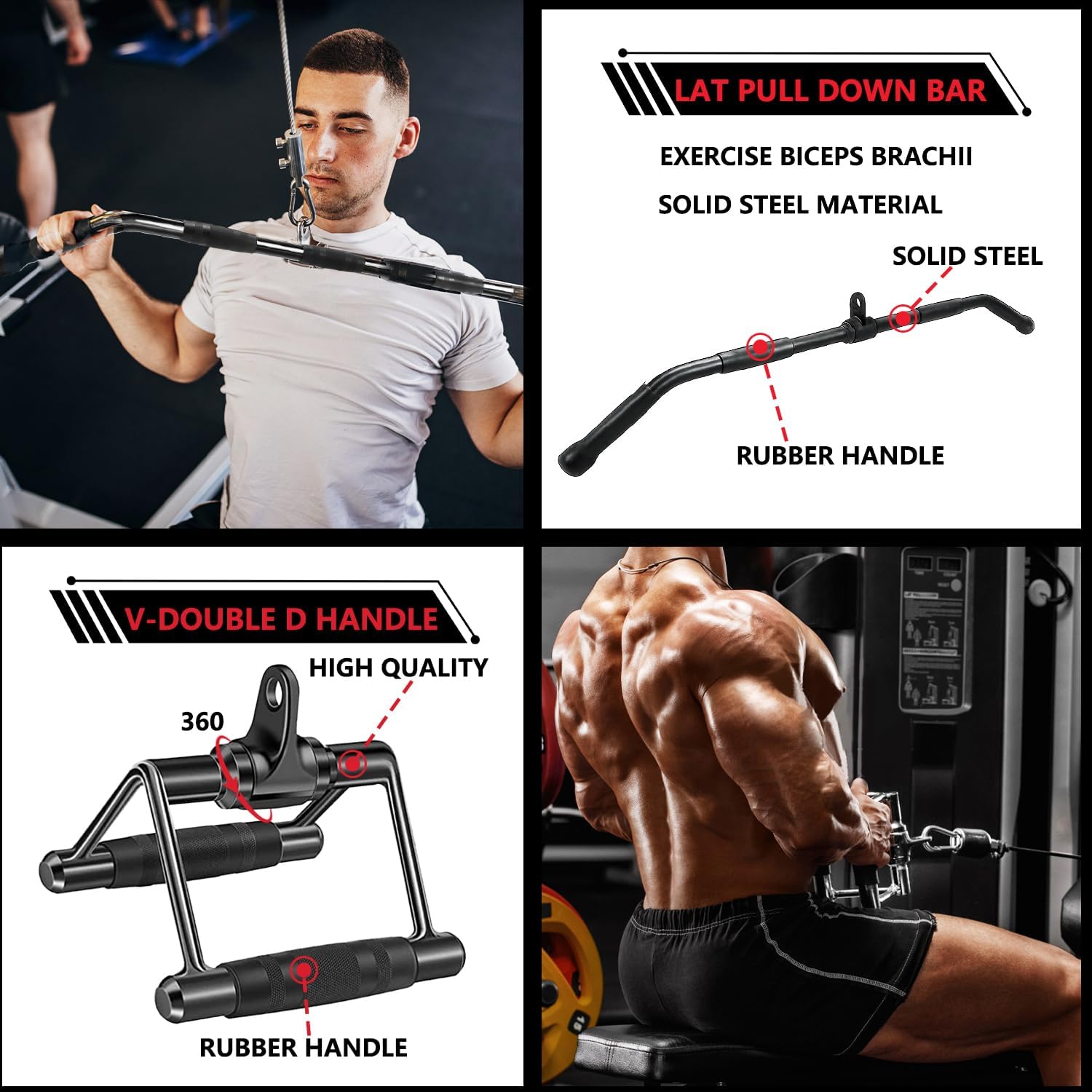 LAT Bar Cable Attachment with Rubber Handgrips, Deluxe Heavy Duty Solid Curl Bar Revolving Hanger Home Gym Cable Attachments (Black 35.5 inch Set)