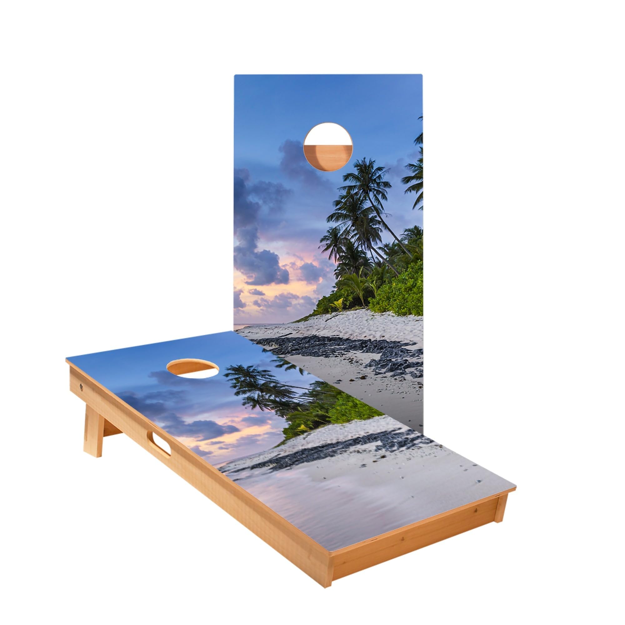 Skip's Garage Beach Scenery Cornhole Boards - Includes (2) Boards (Resin Bags) + (1) Carry Case, (2) Hole Lights & (2) Edge Lights