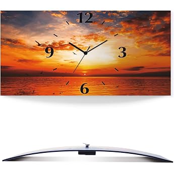 ARTLAND Wall Decoration Wall Clock without Ticking Noises Aluminum Quartz Clock 50 x 25 cm Rectangular Silent Beach Sea Sunset Sun Sky Maritime S7LK