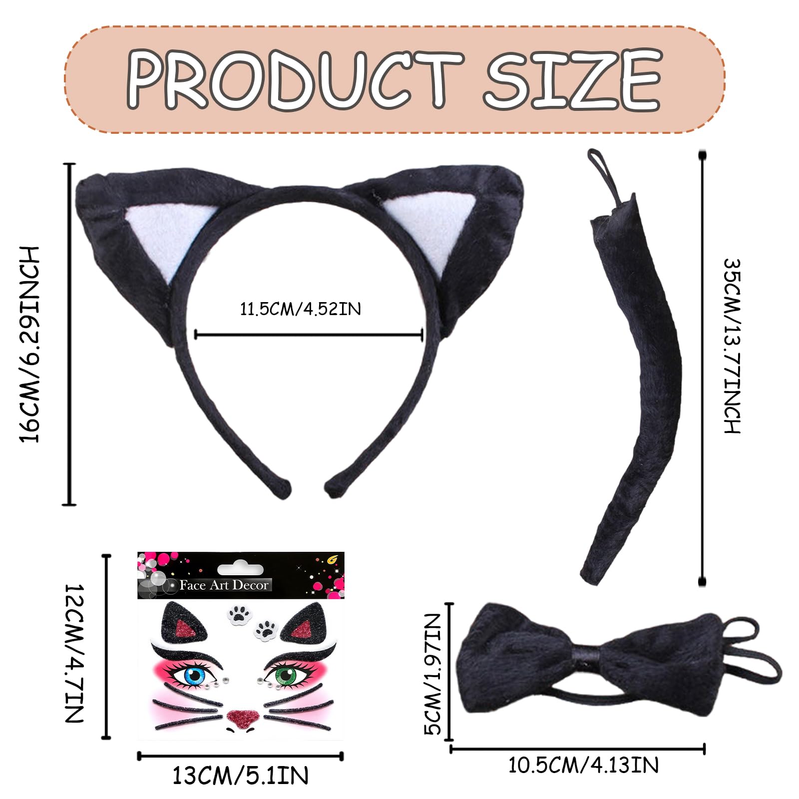 MUNSKT Animal Costume Set,Cat Ears and Tail,with Face Gems Glitter,Cat Ears Headband,for Fancy Dress Up Cosplay Halloween Carnival - Image 2