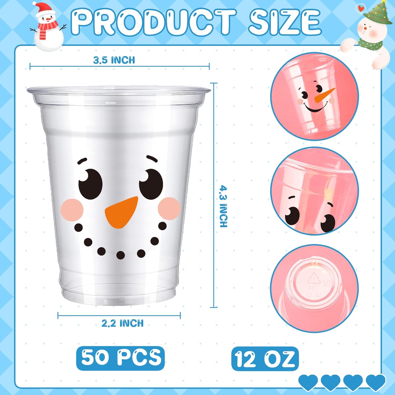 50 Pack Christmas Snowman Plastic Cups 12 Oz Disposable Snowman Party Cups Winter Holiday Party Cups for Christmas Party Supplies Coffee Wine Hot Cold Drinks - Image 3