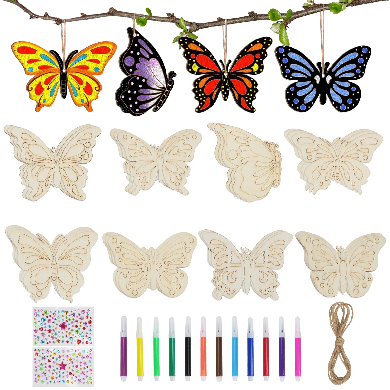Kit Lavoretti Creativi FALSKT Per Bambini – 45 Pezzi In Legno A Forma Di Farfalle E Fiori Con 12 Matite Acquerellabili E Adesivi - 4
