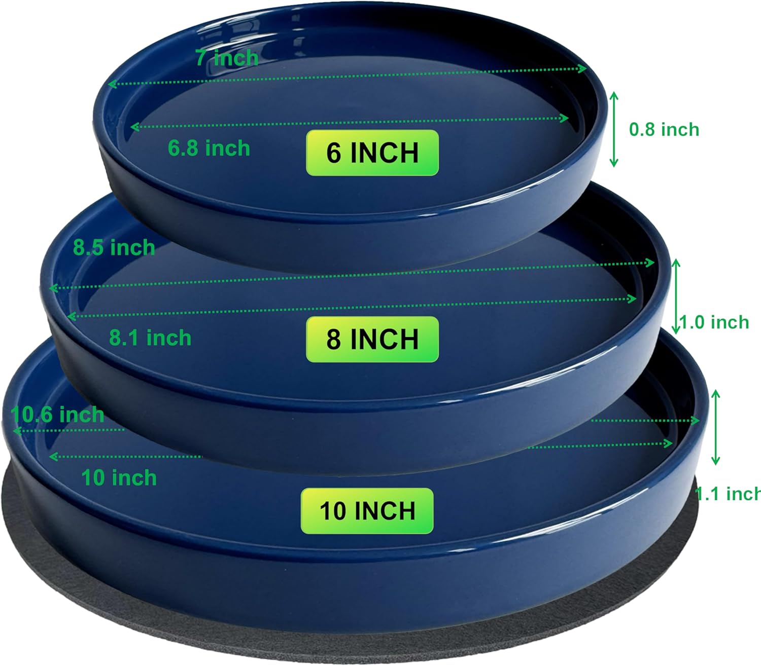 Ceramic Plant Saucer Pot Tray 6, 8, 10 Inch Blue, Planter Saucers for Indoors Outdoor, Durable Sturdy Flower Drainage drip Water Tray for Glazed Pots Base