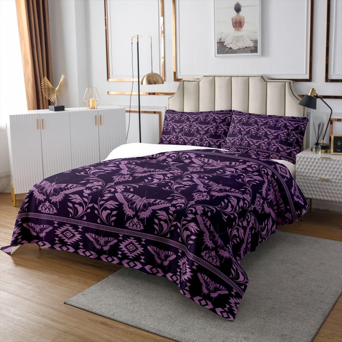 Erosebridal Rustic Butterfly Quilt Set Goth Witchy Damask Queen Bedspread Set Spooky Aztec Coverlet Sets Retro Floral Scroll Baroque Victorian Quilted,Purple Dark Academia Decor