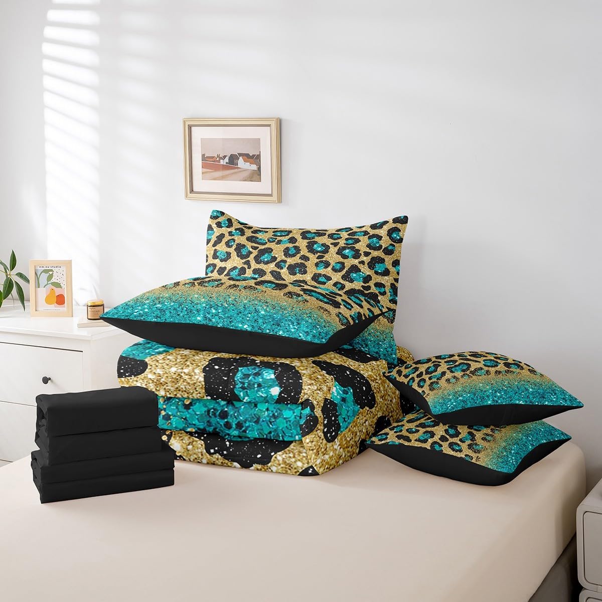 Teal Leopard Print Full Comforter Set with Sheets for Girls Bedroom Decor,Wild Animal Skin Print Bed in a Bag Reversible Teal Gold Glitter 7 Pcs Bedding Sets Luxury Cheetah Pattern Bed Set
