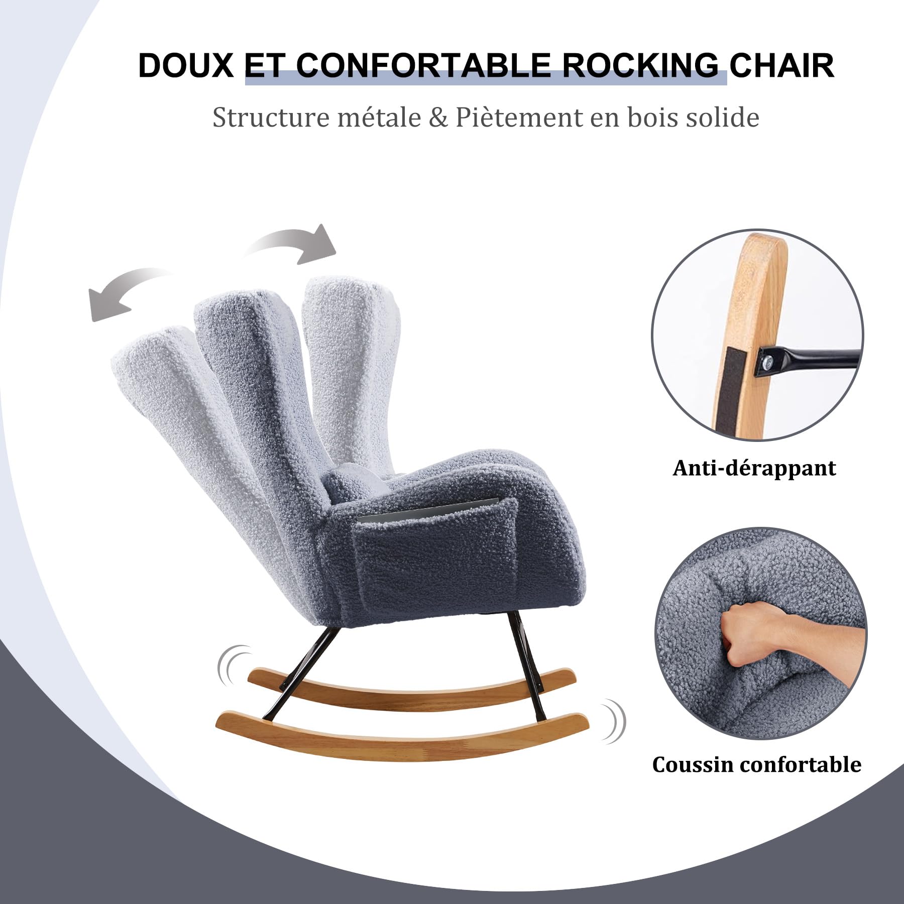 Plococo Fauteuil à Bascule Allaitement Scandinave Chaise Loisir et Repos en Tissu avec Pieds en Bois Métal pour Salon, Chambre, Nurserie Rose