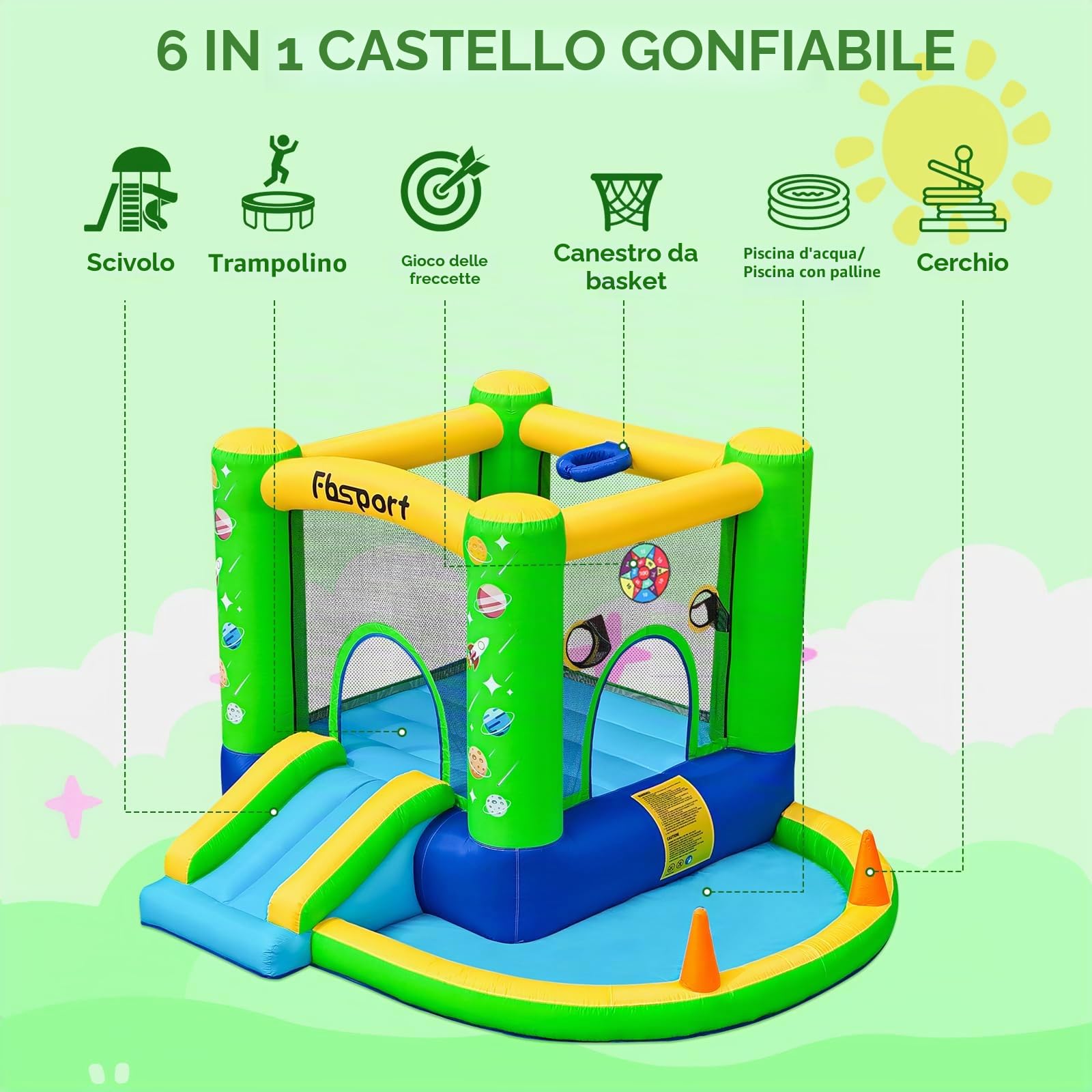 FBSPORT Castello Gonfiabile per Bambini con Ventilatore Piscina Gonfiabile con Scivolo Trampolino Piscina, Piscina di Palline oceaniche Parco Acquatico per Bambini