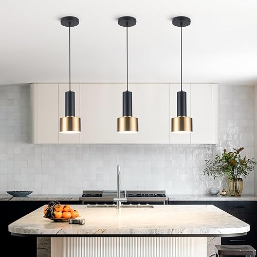 Miniatura 2 de Iluminación colgante de cocina sobre isla, juego de 3, iluminación colgante de oro negro con bombilla LED moderna minimalista lámpara de cocina