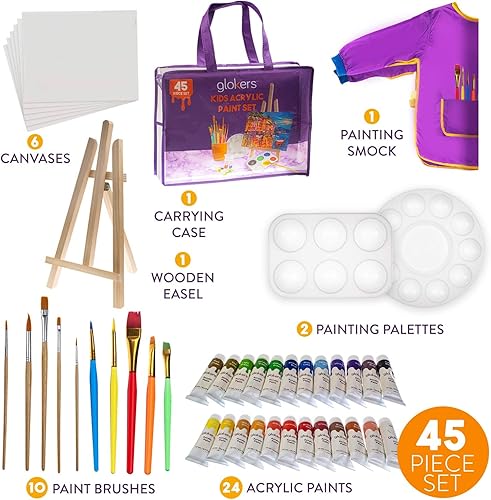 Miniatura 9 de glokers Juego para niños con pinturas acrílicas, caballete, pinceles, lienzos, paletas, bata y bolsa de almacenamiento de viaje, suministros de arte