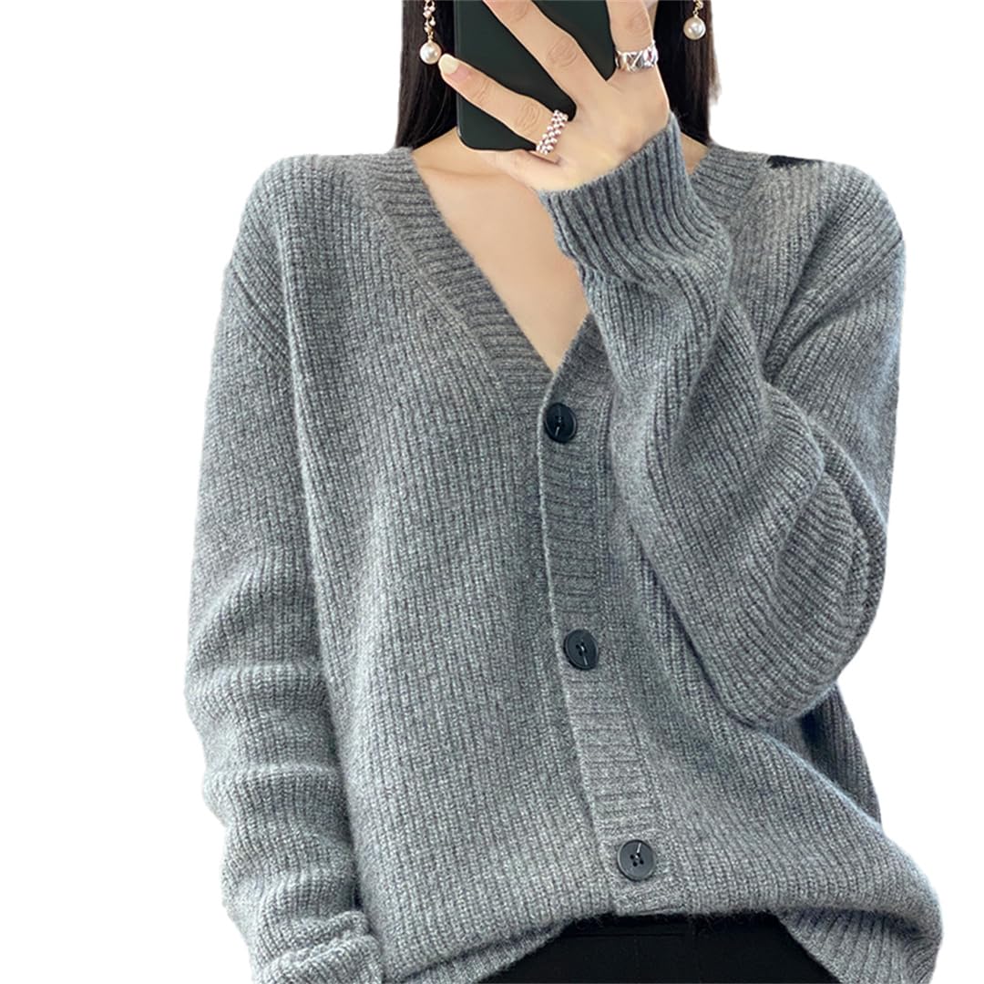 AGAATI Suéter cárdigan de Lana 100% Liso para Mujer, suéter de Cachemira con Cuello en V y Manga Completa, Abrigo Suelto (Gray9 M)