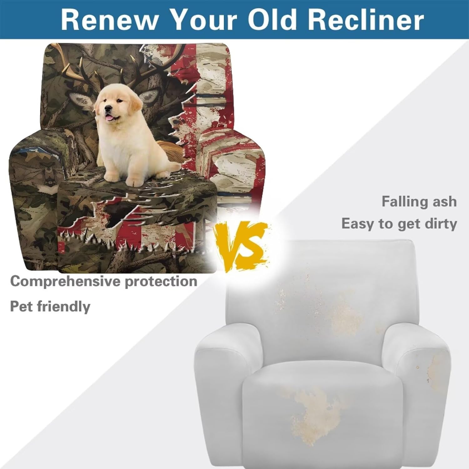 Talayituse Deer Camo American Flag Pattern Recliner Chair Cover Nonslip Recliner Cover Washable Recliner Slipcovers Fitted Standard Large Power Lift Recliner with Side Pocket