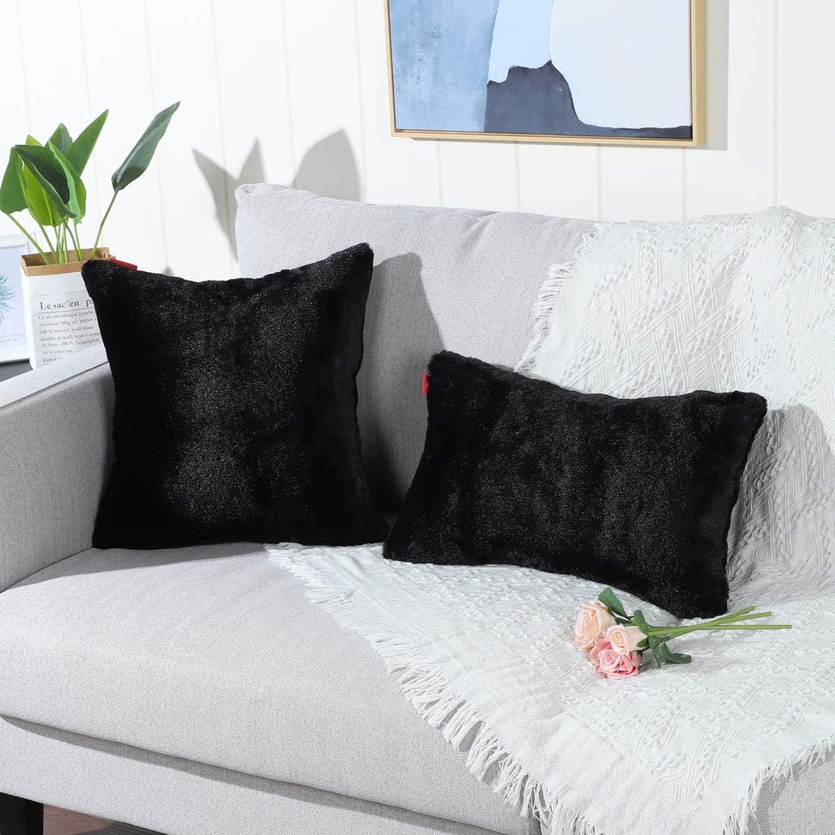 MANDIOO Pack of 2 Black Faux Fur Fuzzy Cozy Soft Decorative Throw Pillow Covers Lumbar Set Cushion Cases Pillowcases for Sofa Bedroom Car 12x20 Inches - Image 2