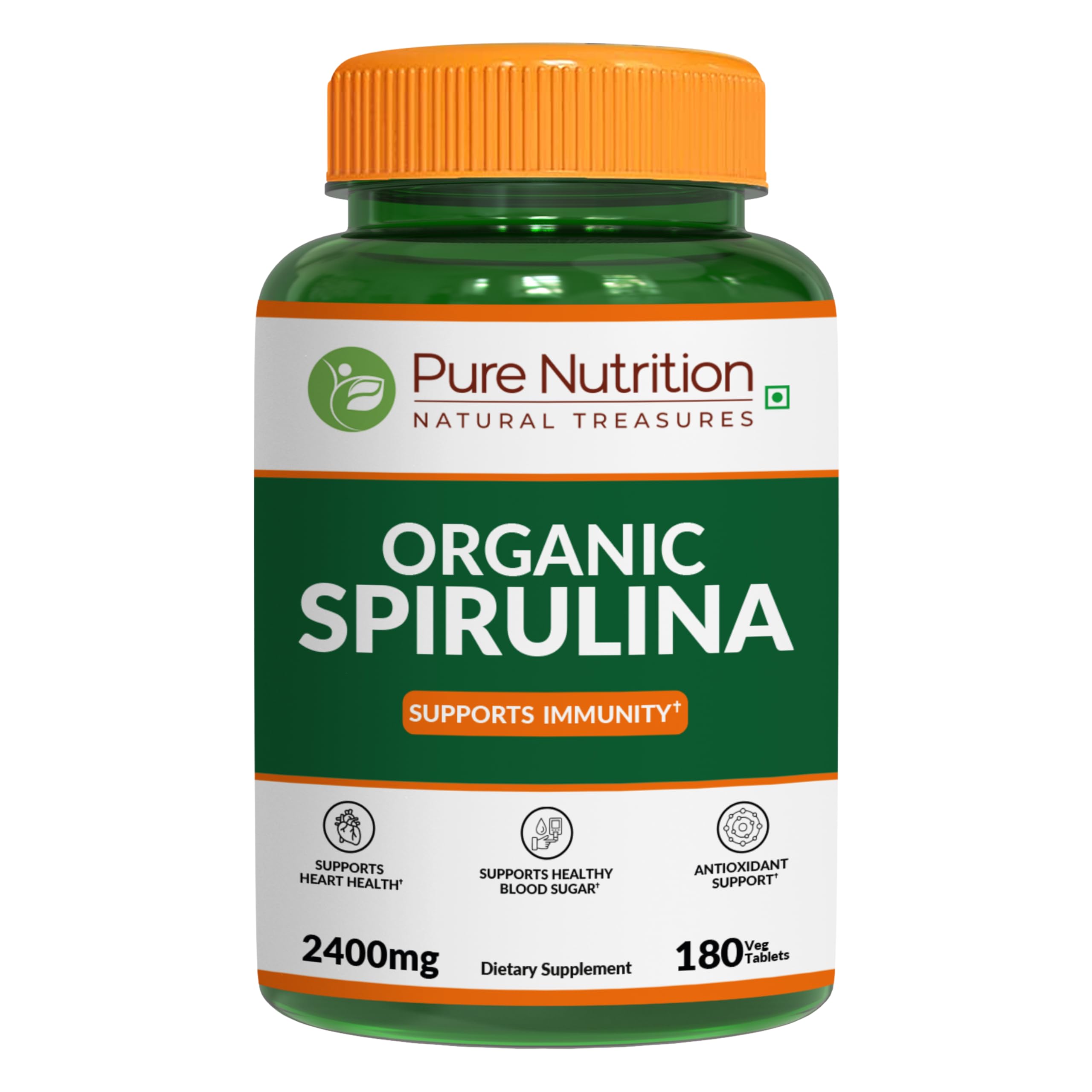 Pure Nutrition Organic Spirulina 2400mg per Serving | 180 Veg Tablets | Spirulina Powder Organic Tablets | Supports Healthy Skin & Boost Immunity | Non GMO