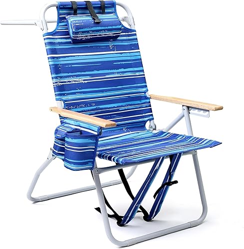 Sillas de playa altas para adultos, silla de playa con mochila de 17 pulgadas de alto con reposabrazos de madera, silla reclinable resistente de 5