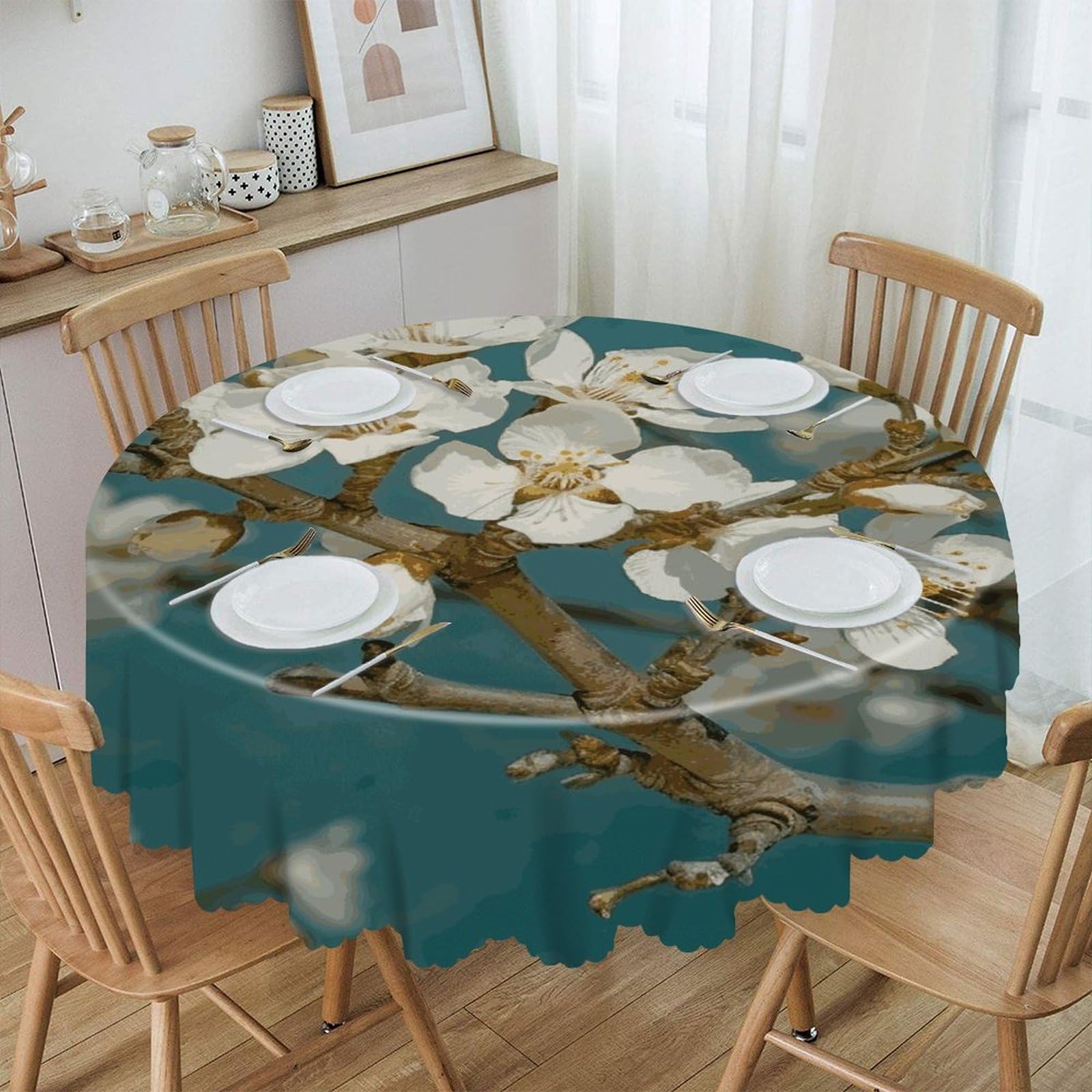 VstaDank Almond Blossom Round Tablecloth 60 Inch Easy to Clean Circle Table Cover Thick Decorative Round Polyester Table Cloth for Dining Kitchen Party Farmhouse Outdoor