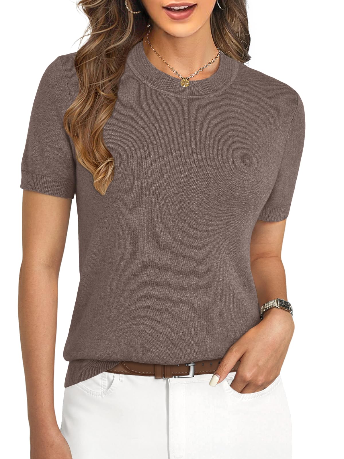 Womens Soft Short Sleeve Wool Blend Pullover Sweater for Business Casual Fashion