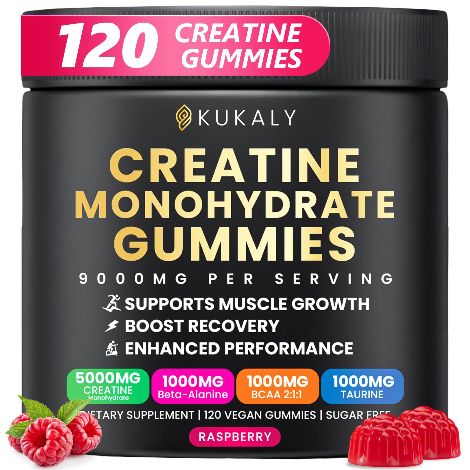 Creatine Monohydrate Gummies for Men &amp; Women, 9000MG Creatine Gummies Sugar Free with L-Taurine, BCAA 2:1, B12 B6 for Boost Strength, Focus &amp; Endurance, Vegan, Non-GMO, Raspberry 120pcs
