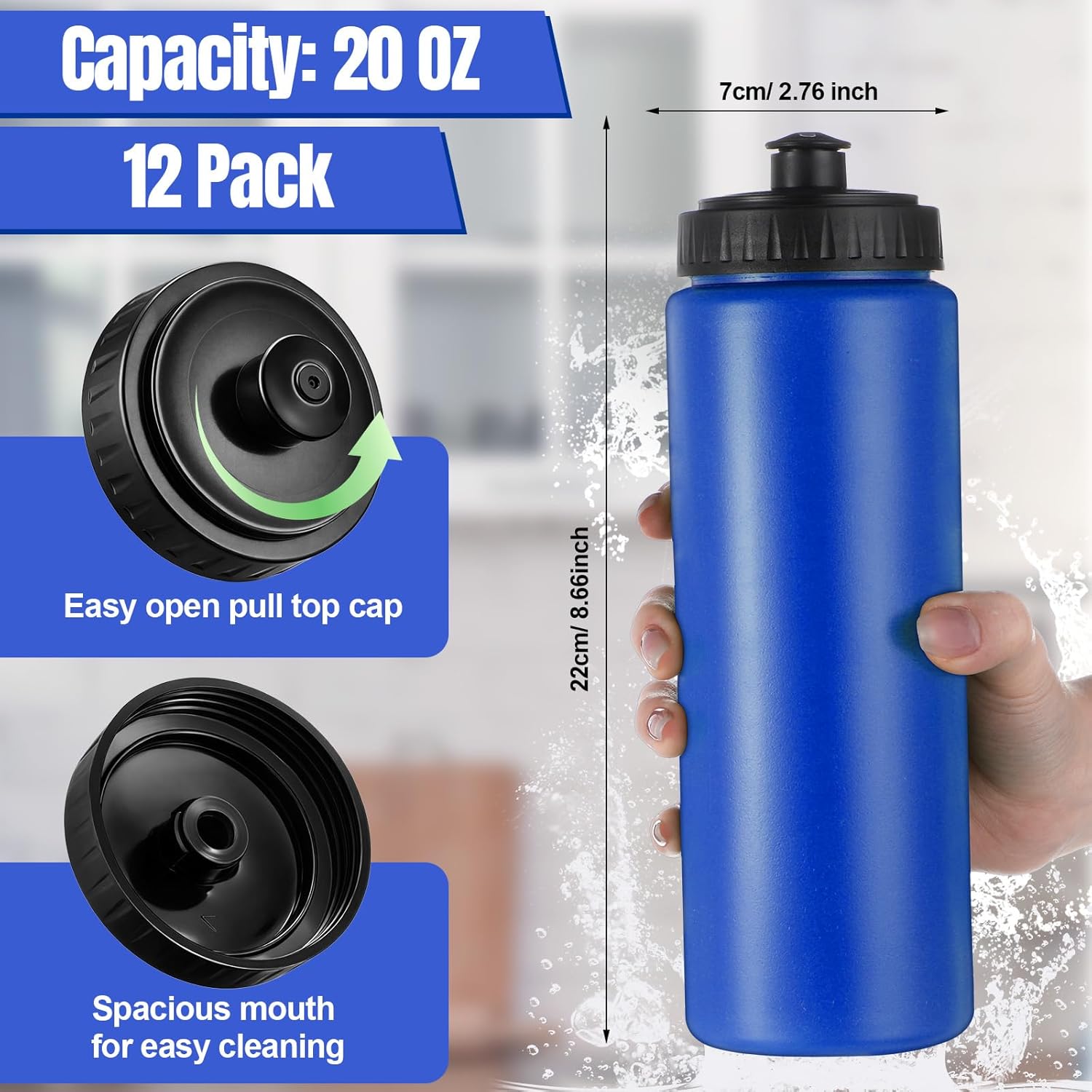 LemonRoad 12 Pack Squeeze Water Bottles Reusable 20 oz Plastic Sports Water Bottle with Pull Top Lid, Bike Cycling Gym Sport, Dishwasher Safe (Navy Blue)