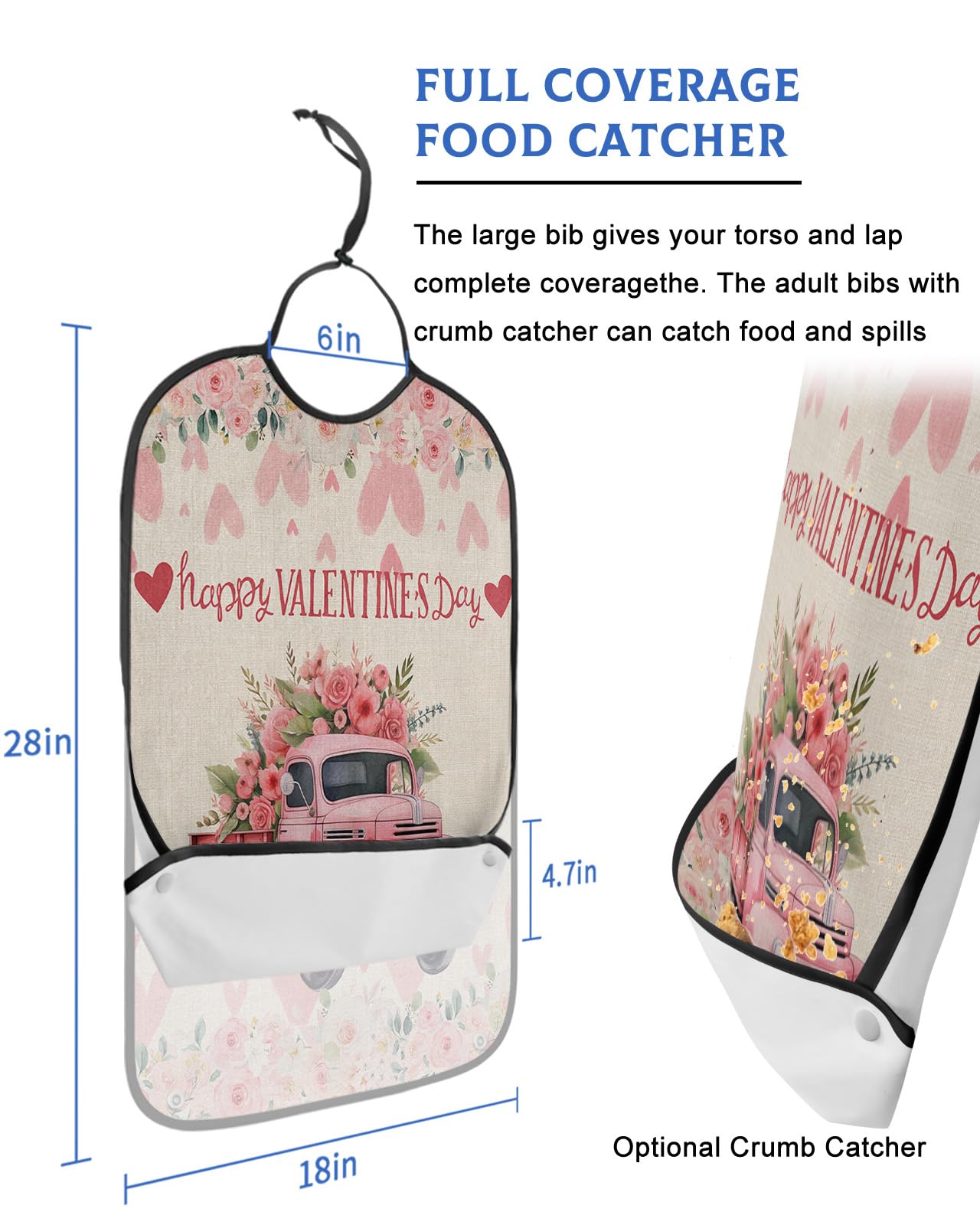 LEOKOTI Pink Truck Valentines Adult Bibs for Eating, Waterproof Bibs with Food Catcher & Adjustable Snap Closure, Rustic Floral Love Heart Washable Clothing Protectors Adult Bibs for Elderly Women/Men
