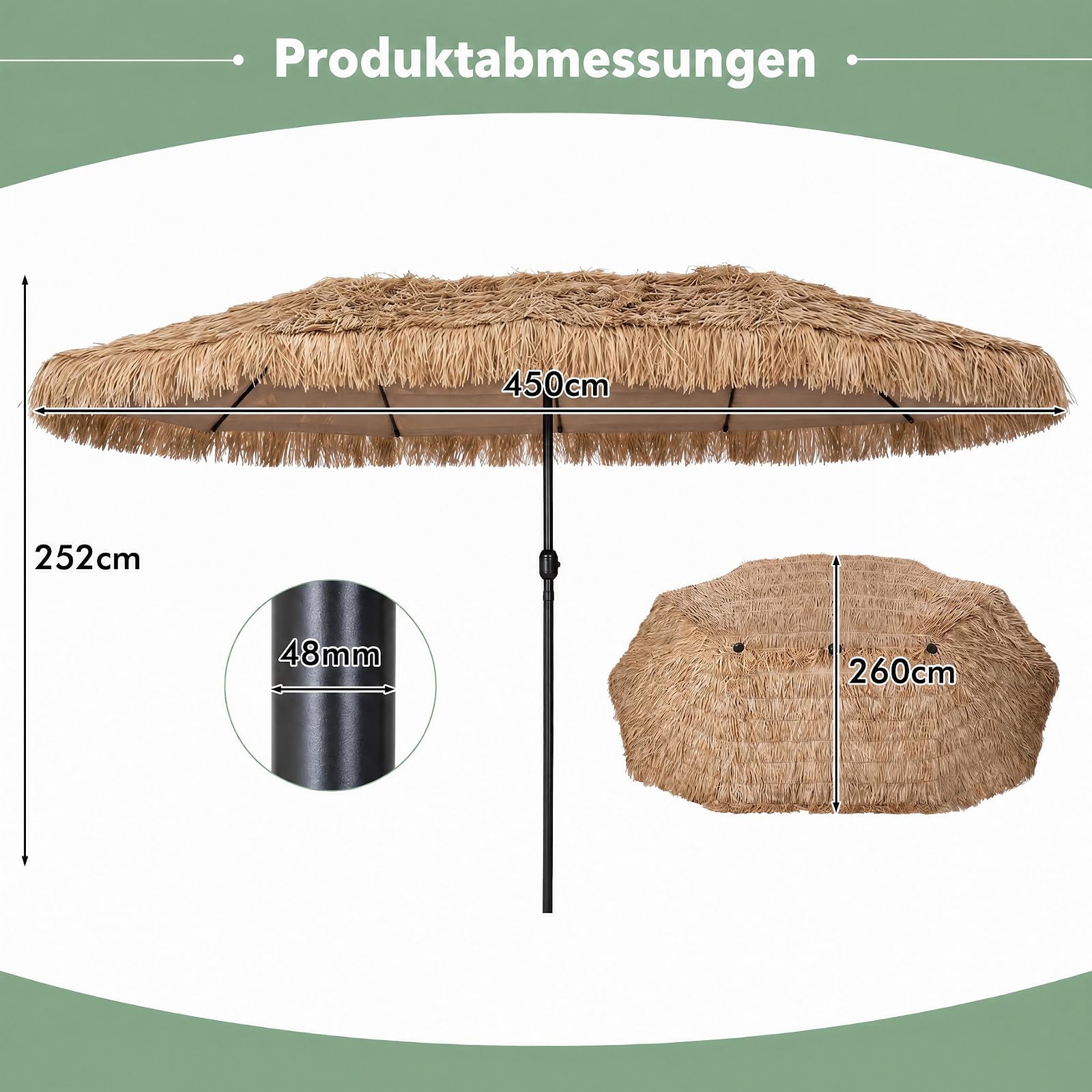 COSTWAY Doppelsonnenschirm 450x260cm, Sonnenschirm Hawaii, Gartenschirm mit Kurbel, Strohschirm Groß XXL, Terrassenschirm, Marktschirm für Garten, Terrasse & Pool