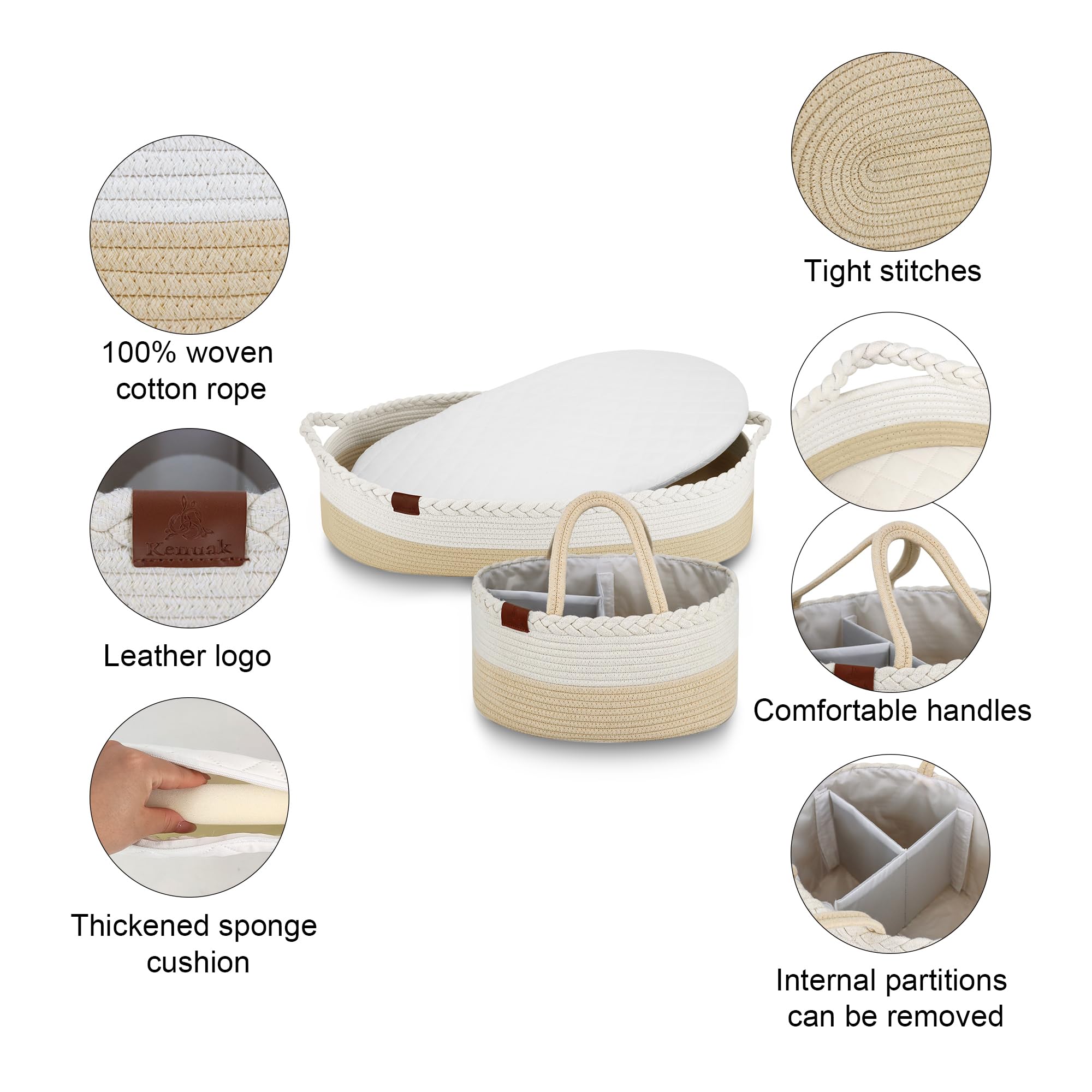 Cesta Cambiador Bebé Portátil, Canasta Mueble Recién Nacido, Cambiador de Mesa Impermeable Pañales, Funda Extraíble Suave con Cremallera, Nido Plegable de Viaje 100% Algodón Natural (Beige)