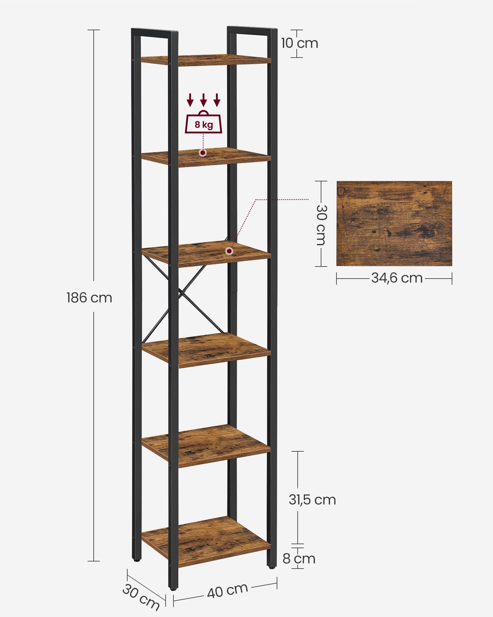 VASAGLE Scaffale a 6 Ripiani, Libreria per Ufficio, Studio, Soggiorno, Camera da Letto, 30 x 40 x 186 cm, Stile Industriale, Marrone Vintage e Nero Inchiostro LLS101B01