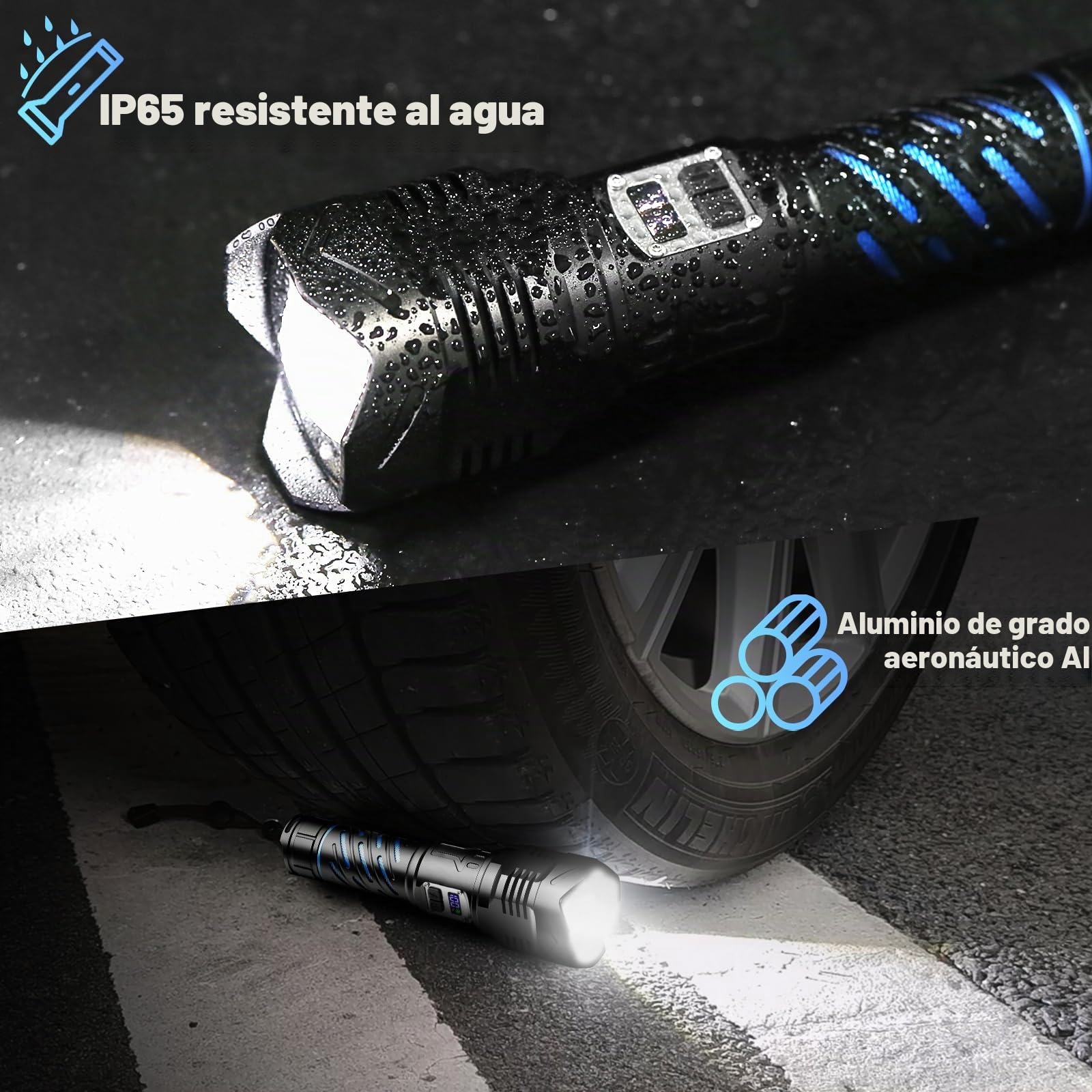 Linterna LED recargable, linterna LED extremadamente brillante | 150000 lúmenes, IP65, resistente al agua, funciona con pilas, linterna USB para exteriores, emergencias, camping