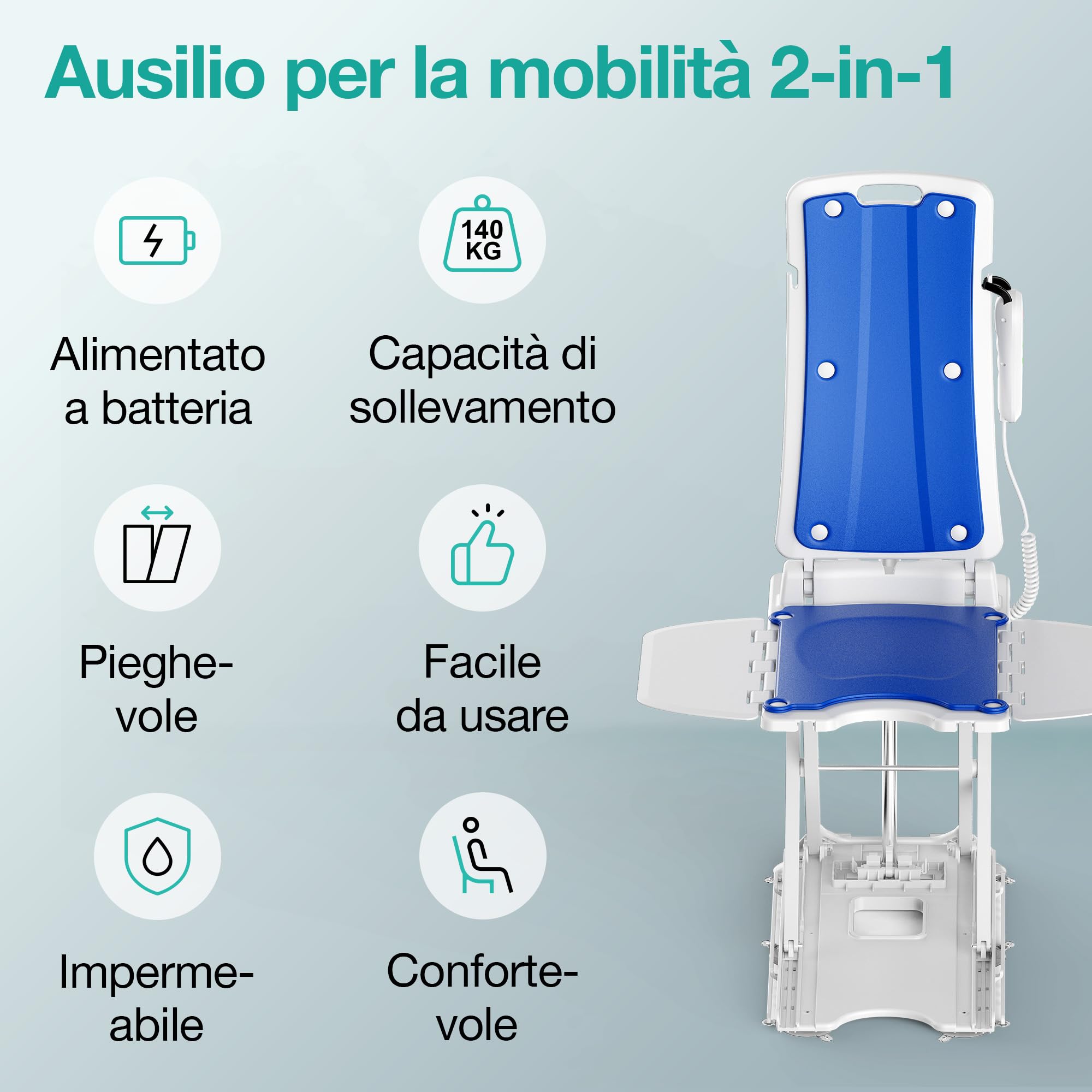 Sollevatore per anziani elettrico – Sedia elevatrice portatile motorizzata con telecomando, altezza regolabile, IP68 impermeabile, seduta ergonomica pieghevole, fino a 140 kg