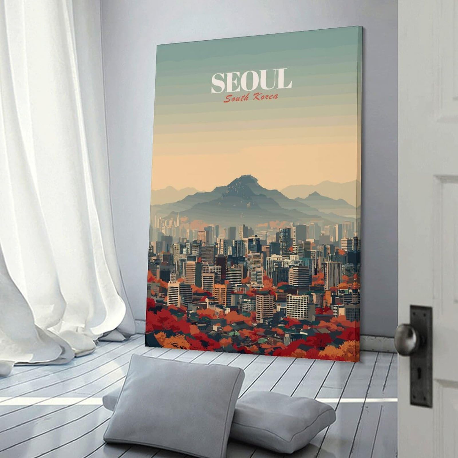 Junmoney Seoul South Korea Cityscape Wall Art Print 16x24inch(40x60cm), for Corridors, Hallways Or Apartment Entries, Wall Decor to Refresh Empty Corners