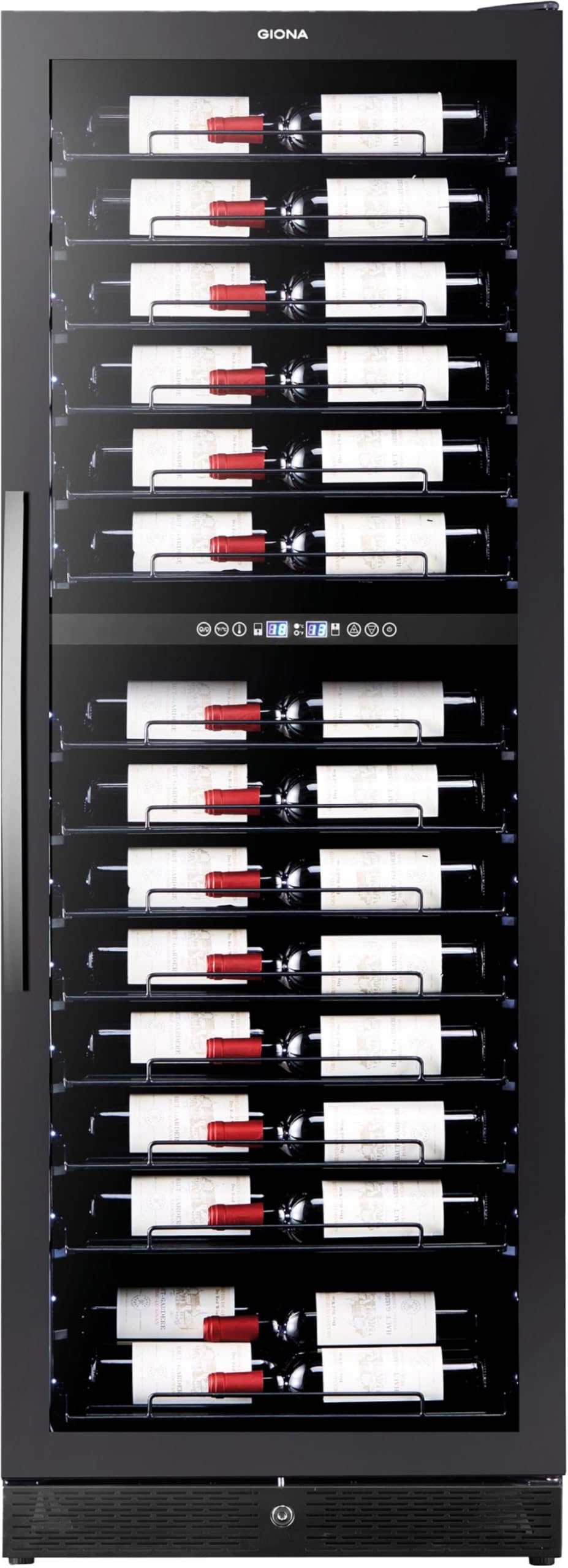 GIONA Cave à Vin 2 Températures CVG160CF2T – 160 Bouteilles, Double Zone, Froid Ventilé, Porte Vitrée, Serrure, 14 Clayettes Bois