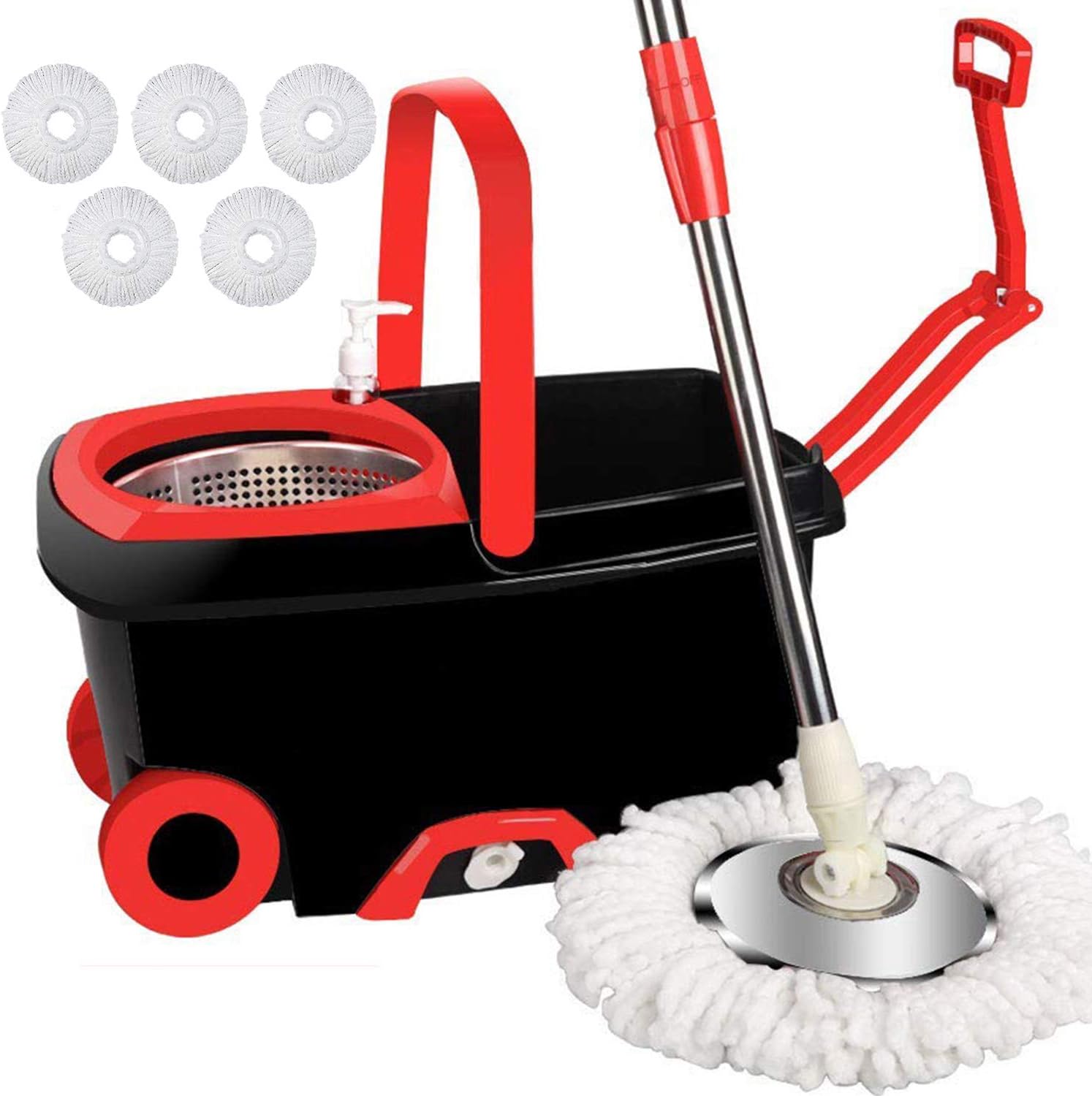 LETTON Microfiber Spin Mop and Bucket Set Stainless Steel Basket with 5 Microfiber Mop Heads and Two Wheels for Home Floor Cleaning Tools