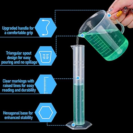 28 Pcs Plastic Graduated Cylinders and Beakers, Including 3 Graduated Cylinder 5 Plastic Beakers 3 Erlenmeyer Flask 10 Droppers 6 Plastics Test Tubes with Rack, Ideal for DIY Science