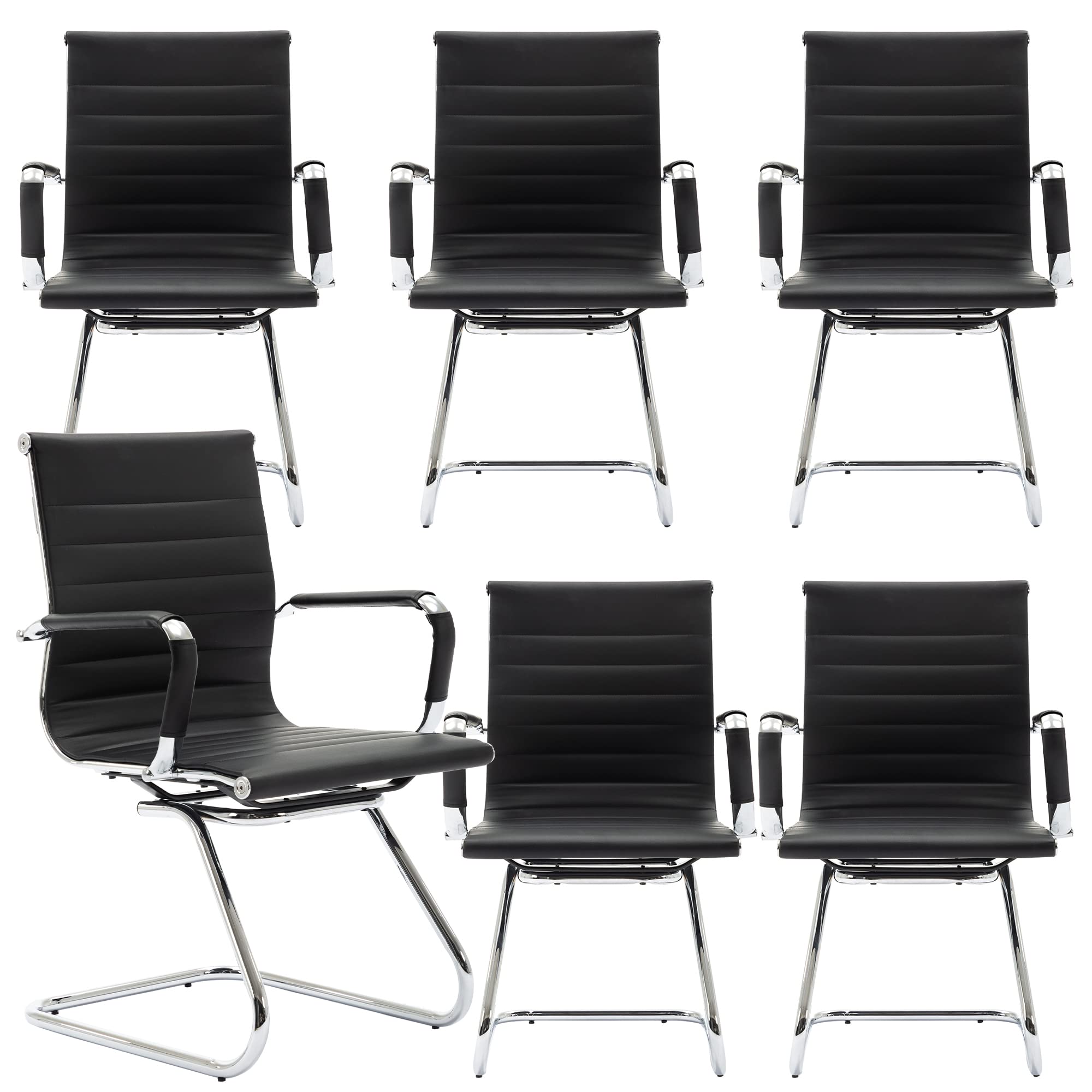 Conference Room Chairs Set of 6, Waiting Room Chairs with Arms, Faux Leather Reception Chairs No Wheels, Office Guest Chairs with Mid Back Support and Chrome Sled Base, Black
