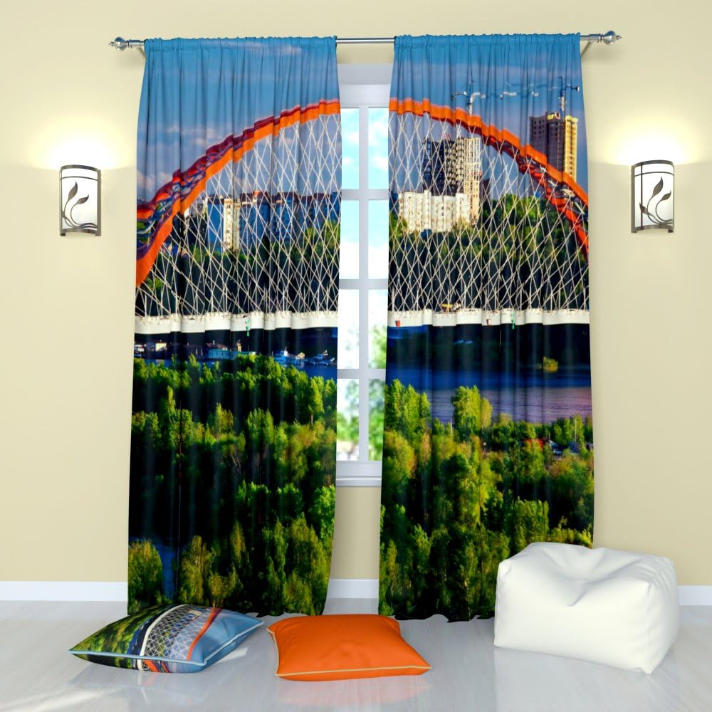 Factory4me City Window Curtains Bridge in China. Window Curtain Set of 2 Panels Each W52 x L96 Total W104 x L96 inches Drapes for Living Room Bedroom Kitchen