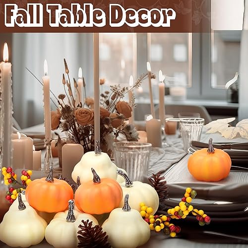 Miniatura 3 de Geelin Juego de 34 calabazas artificiales surtidas de otoño, mini calabazas falsas con hojas de arce, piñas, bayas, decoración de cosecha de otoño